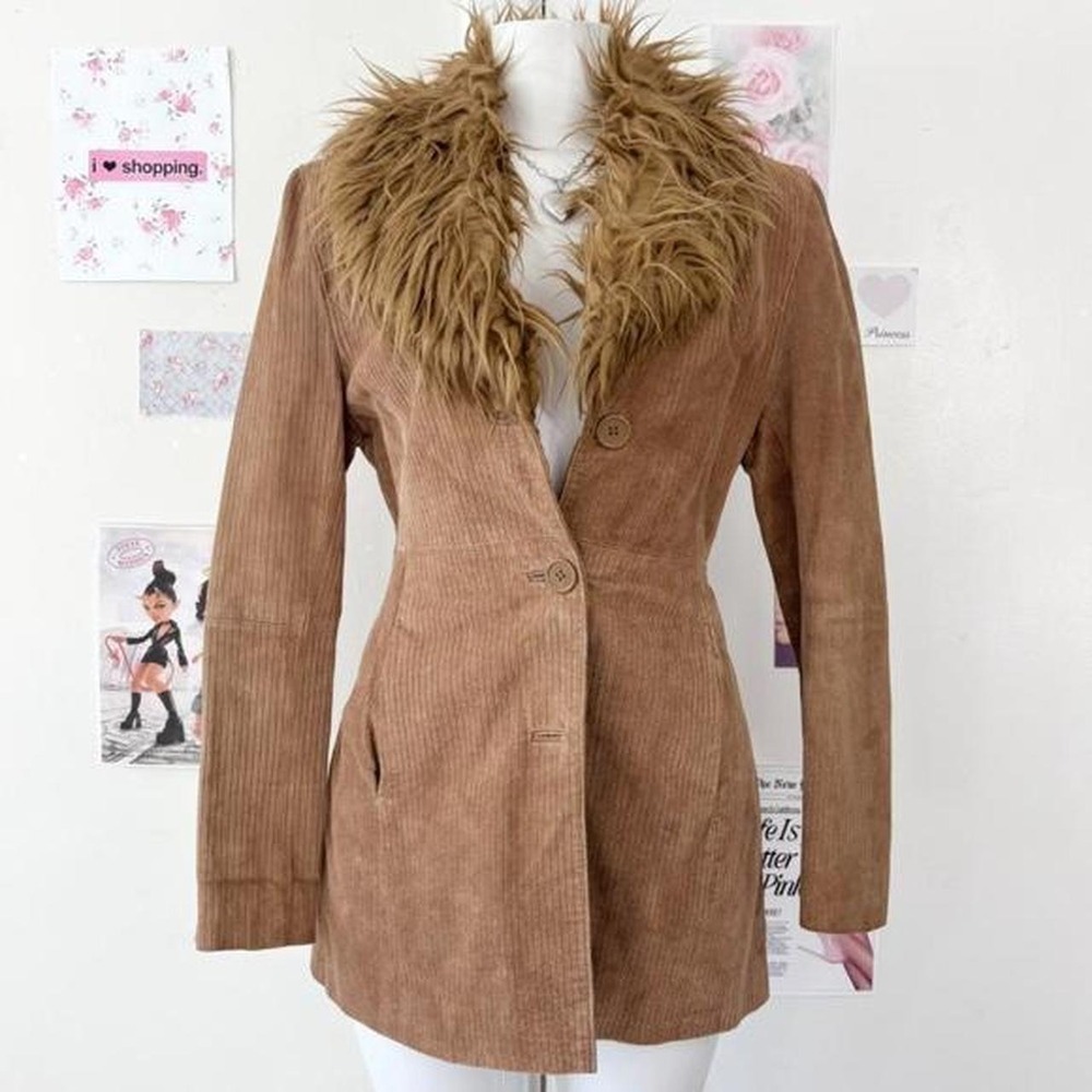 vintage y2k brown leather faux fur collar fitted coat